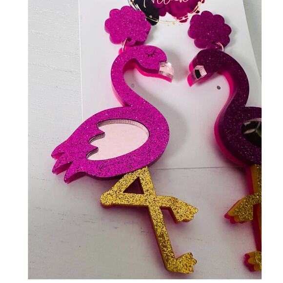 Pink Tropical Flamingo Dangle Earrings - Picture 2 of 3